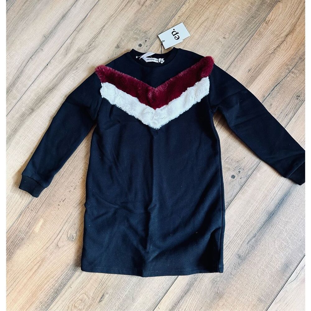 Eleven Paris Dress Sweater 6 Black Kids Long Sleeve Faux Fur Lounge Winter Girls